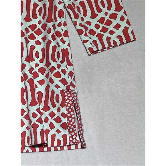 J McLaughlin Catalina Cloth Top Womens Medium 3/4 Sleeve Coral Aqua 1/4 Button - Picture 6 of 12